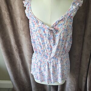 Lane Bryant Floral Ruffle Peplum Blouse Pink Blue Size 14